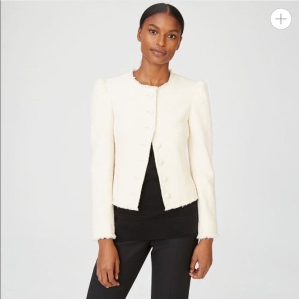 Club Monaco Cream Tweed Boucle Milah Blazer Jacket Size 12 Puff Sleeve Career